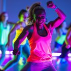 A vibrant dance fitness class featuring energetic participants and an engaging instructor. bright, colorful lighting enhances the lively atmosphere, with people of diverse backgrounds enjoying the workout.