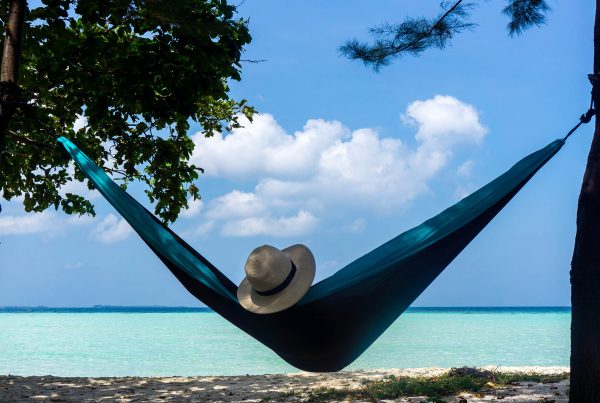 FitPro’s new Travel Insurance. Image of a hammock between two trees looking out over the ocean